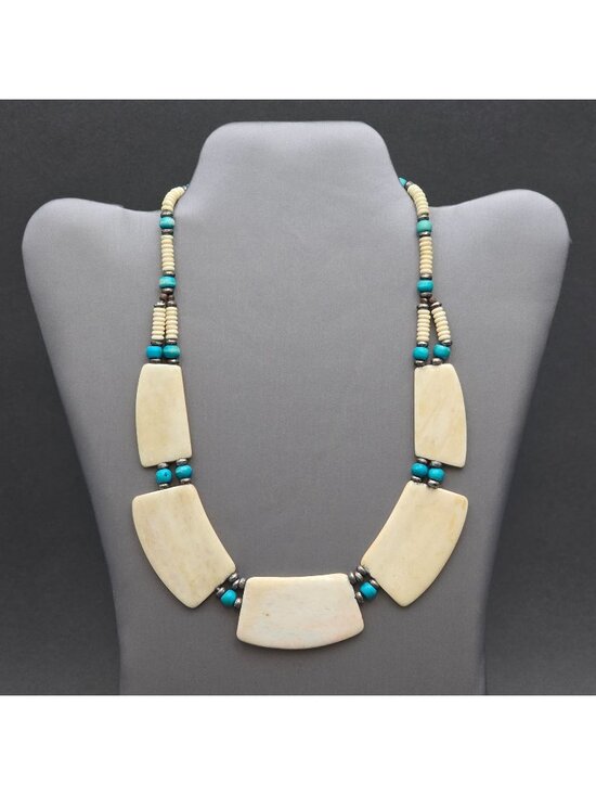 Estate Jewelry - Vintage Southwestern Carved Bovine Bone Bib Statement Necklace 18" Blue Accents